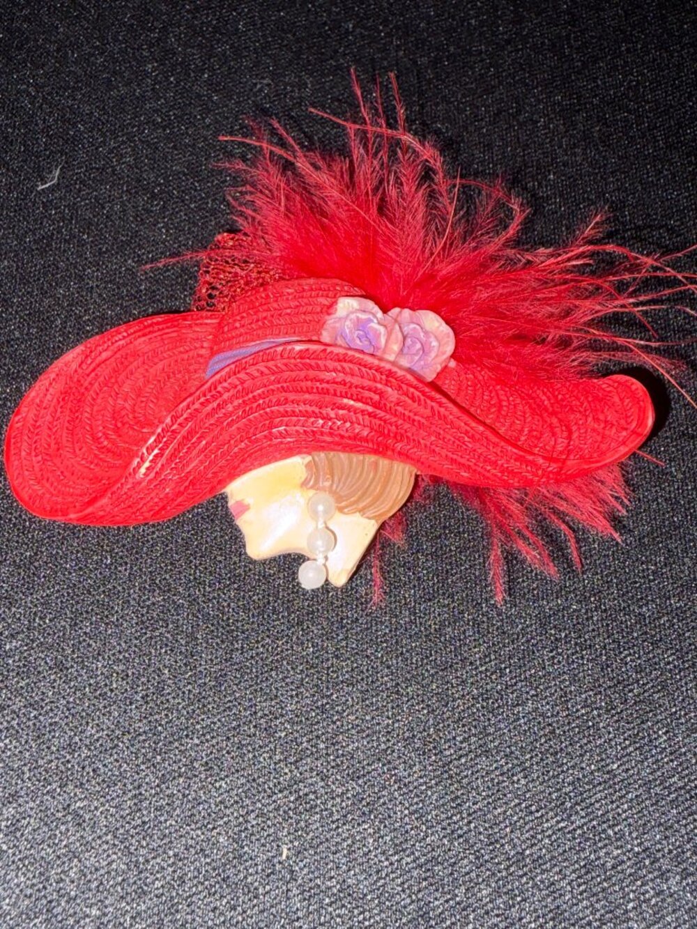 Vintage Red Hat Lady Brooch with Feathers & Faux Pearls